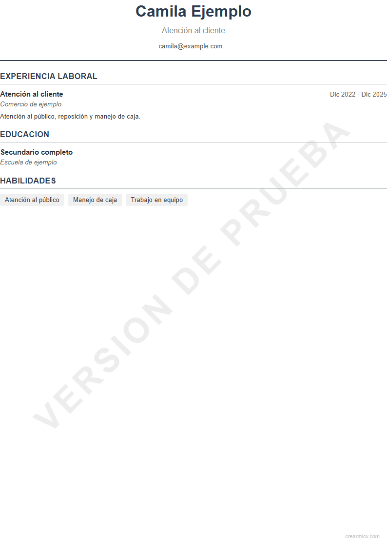 Diseño del CV Lite de Camila Ejemplo con experiencia, estudios y habilidades