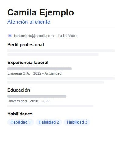 Preview inicial sintético con nombre Camila Ejemplo y puesto Atención al cliente